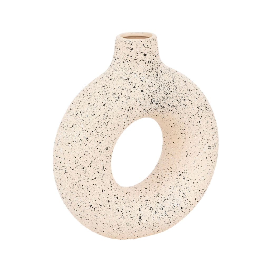 Modern Beige Ceramic Donut-Shaped Vase with Speckled Finish